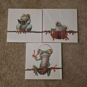 Frog Trio Canvas Wall Art Set - Tree Frogs On White Canvas 11 3/4in Square